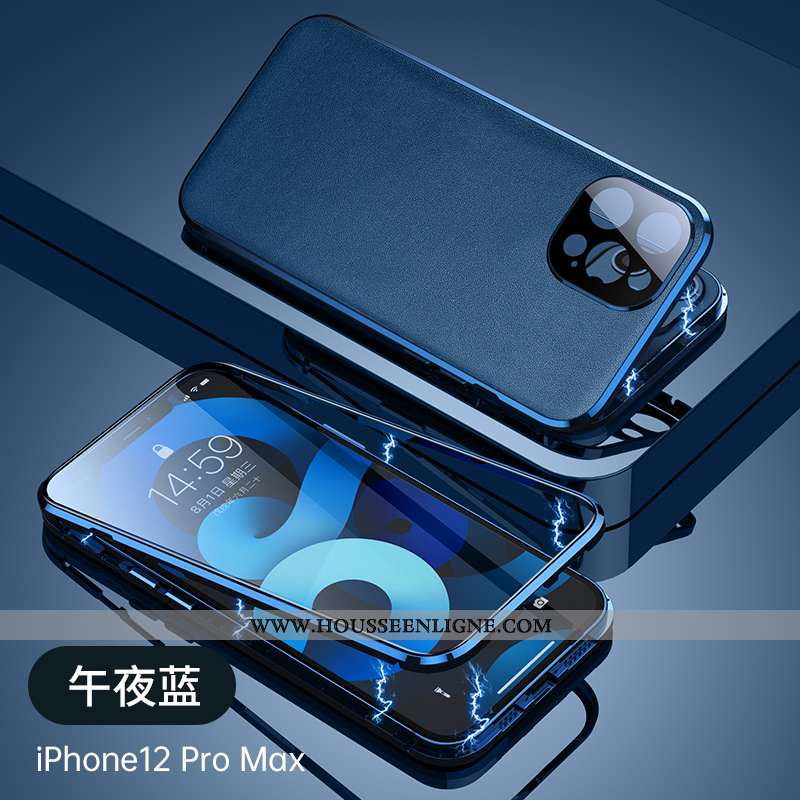 Housse iPhone 12 Pro Max Métal Verre Ultra Protection Étui Nouveau Cuir Bleu