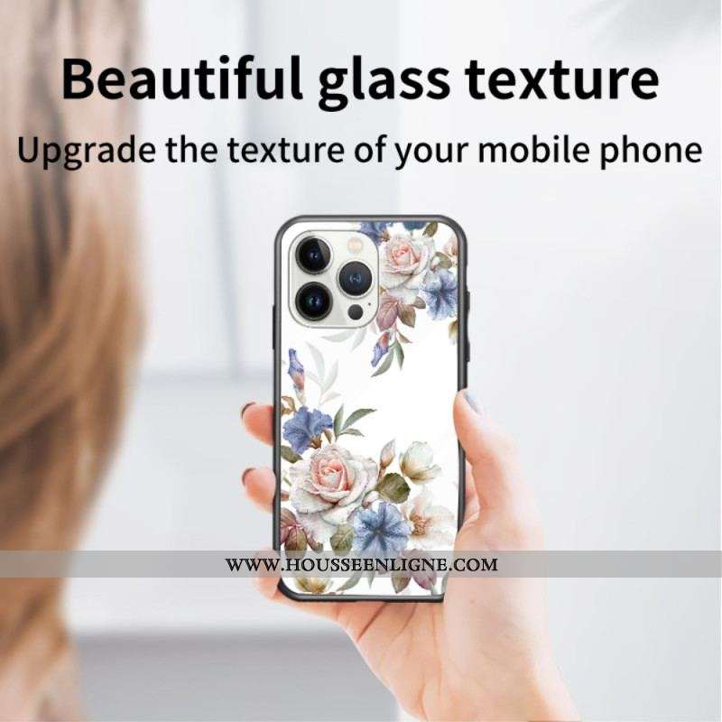 Coque iPhone 15 Pro Verre Trempé Floral avec Anneau-Support