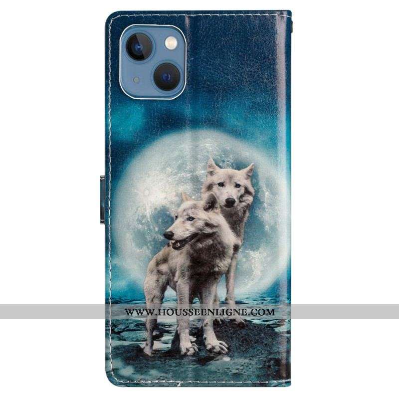 Housse iPhone 15 Loups sous la Lune à Lanière