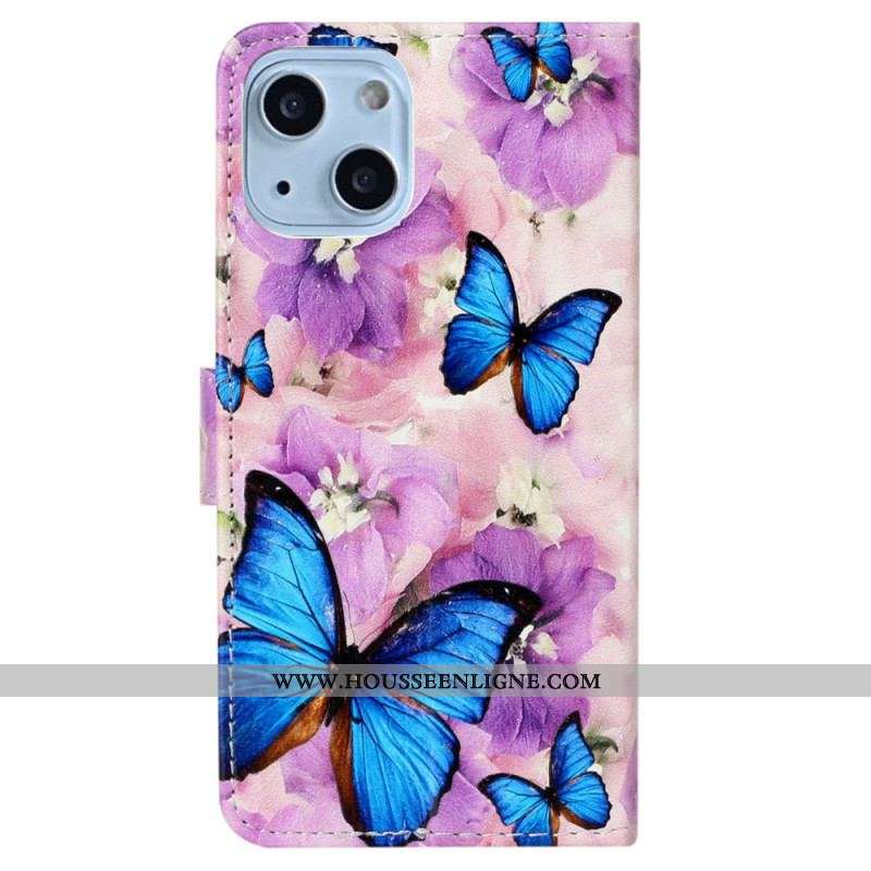 Housse iPhone 15 Petits Papillons Bleus à Lanière