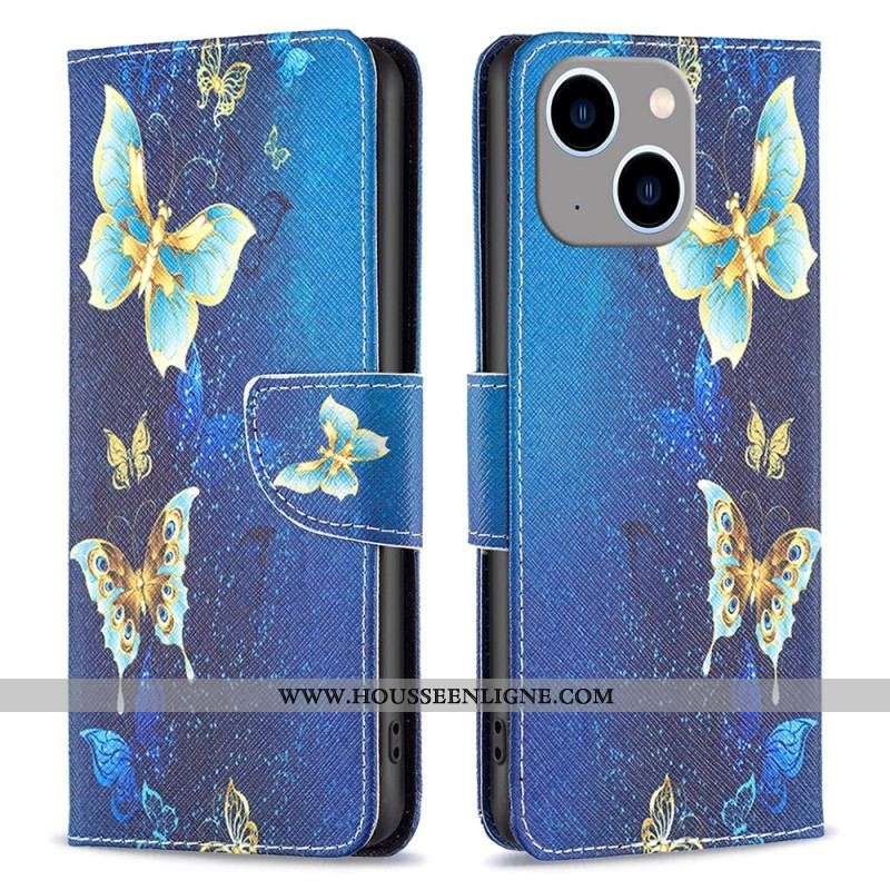 Housse iPhone 15 Plus Papillons sur Fond Bleu