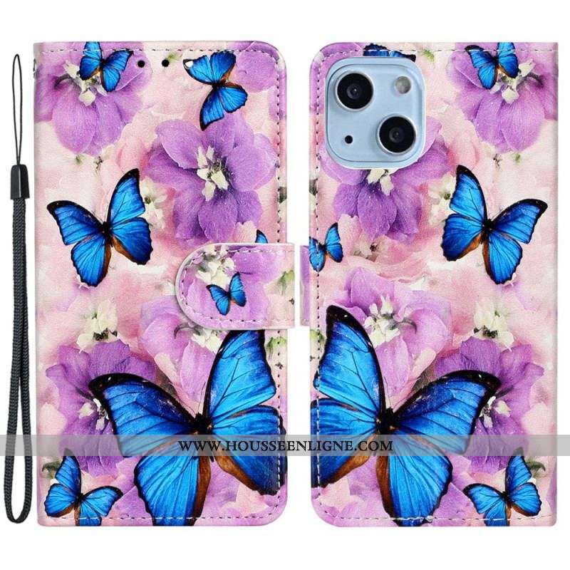 Housse iPhone 15 Plus Petits Papillons Bleus à Lanière