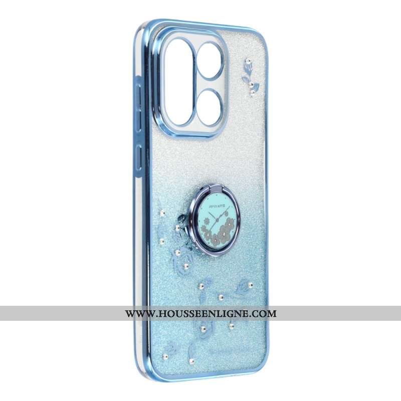 Coque OnePlus 15 Anneau-Support et Motif Fleurs Pailletées