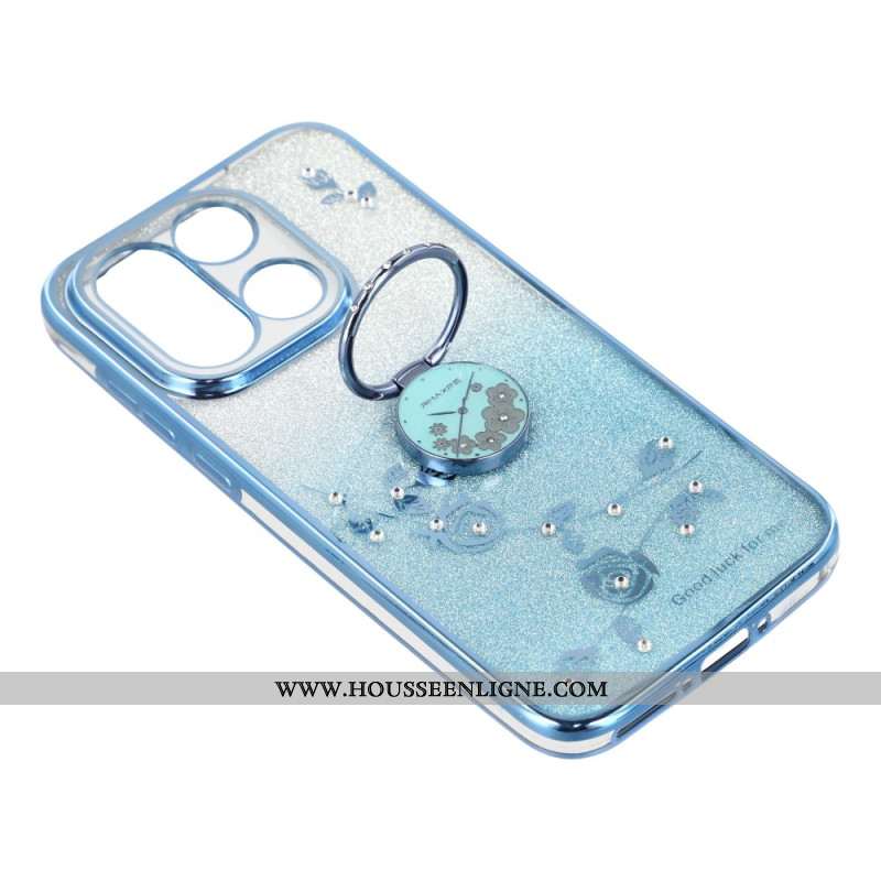 Coque OnePlus 15 Anneau-Support et Motif Fleurs Pailletées