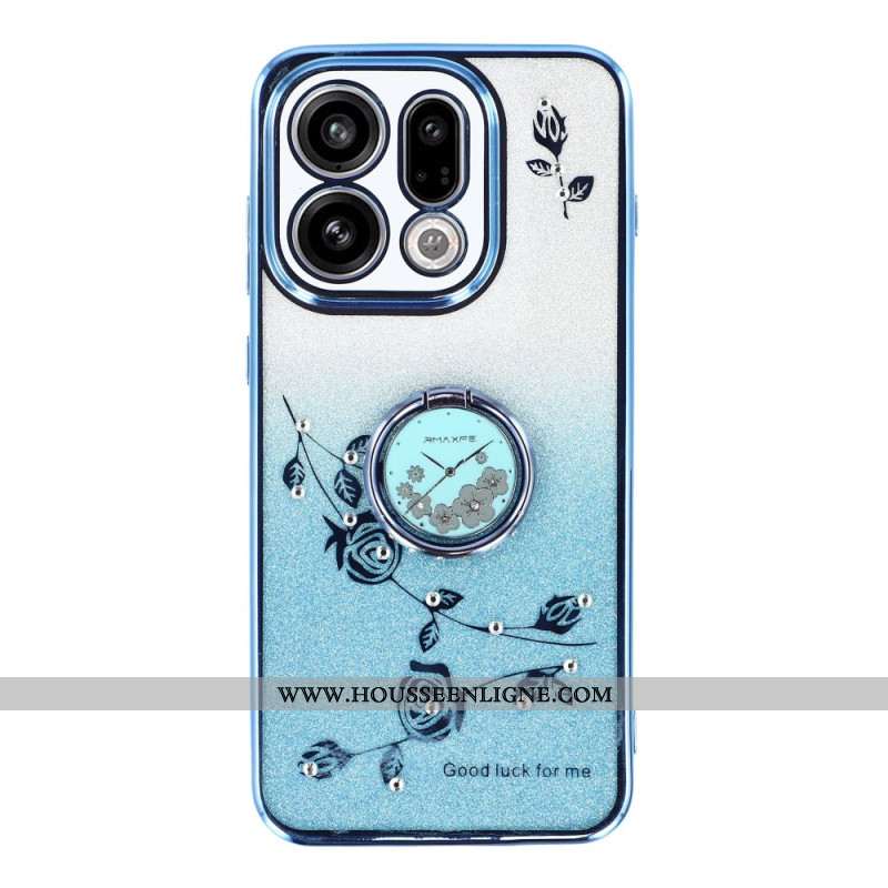 Coque Oppo Find X9 5G Anneau-Support Fleurs et Strass KADEM