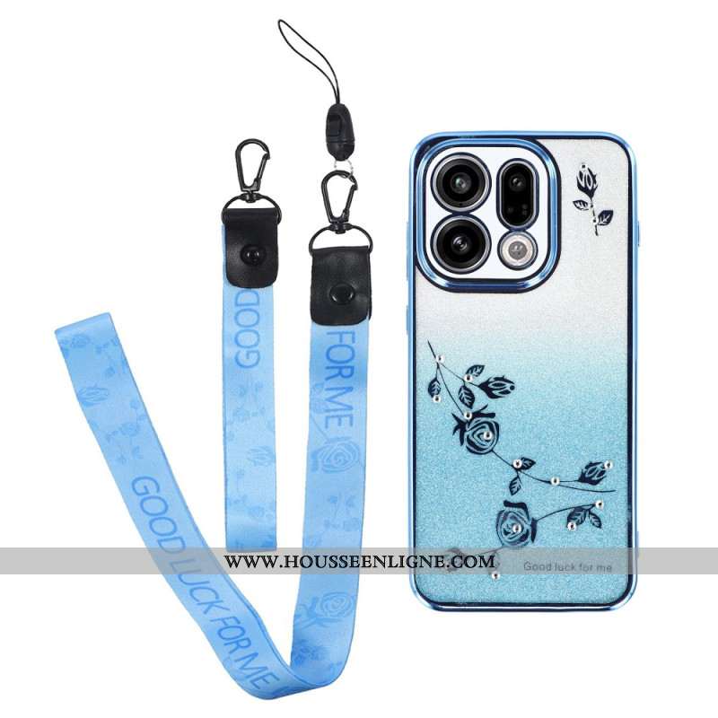 Coque Oppo Find X9 5G Fleurs et Strass à Lanières KADEM