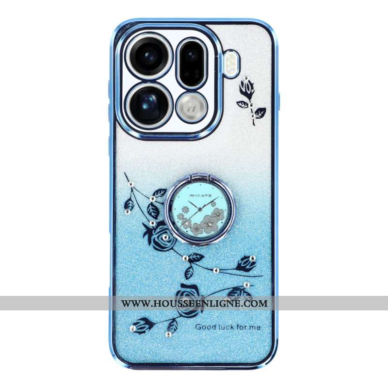 Coque Oppo Find X9 Pro 5G Anneau-Support Fleurs et Strass KADEM