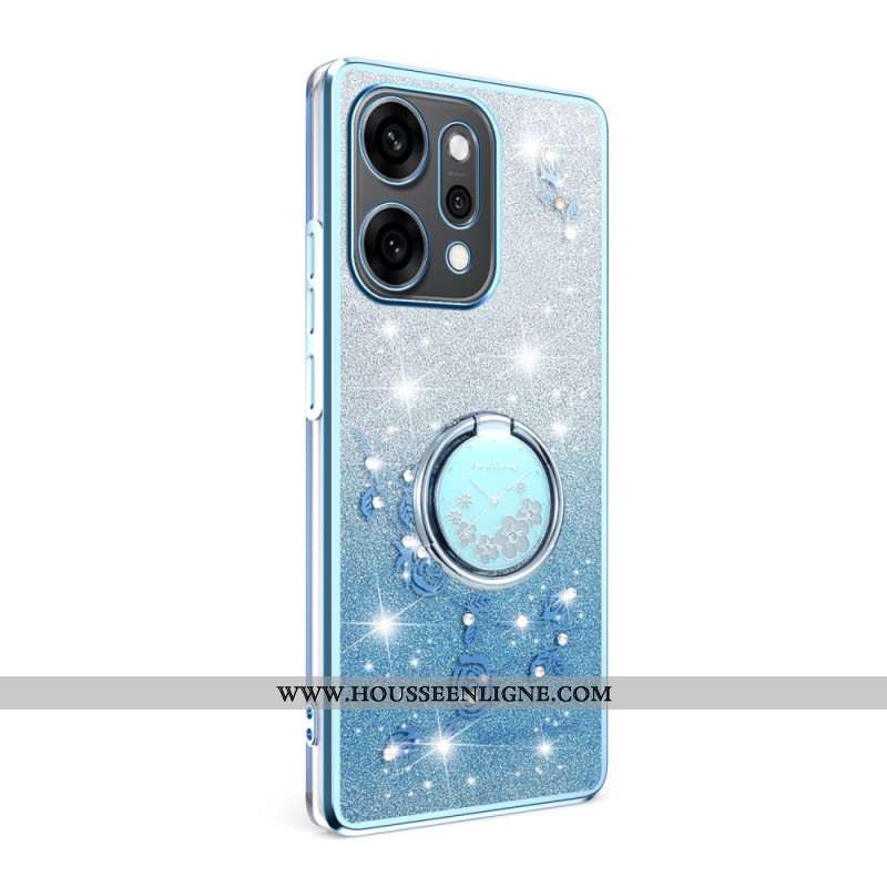 Coque Oppo Reno 14 5G Fleurs et Strass avec Anneau-Support