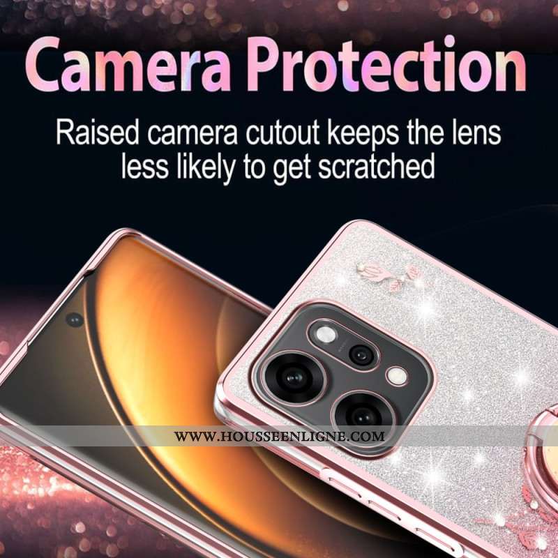 Coque Oppo Reno 14 5G Fleurs et Strass avec Anneau-Support
