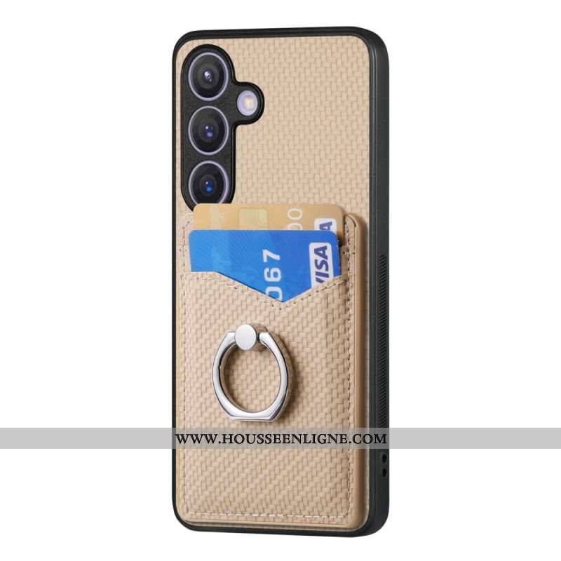 Coque Samsung Galaxy S25 5G Fibre Carbone Porte-cartes et Anneau-Support