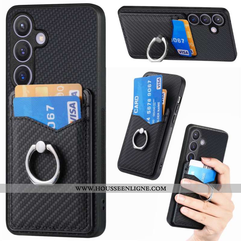 Coque Samsung Galaxy S25 5G Fibre Carbone Porte-cartes et Anneau-Support