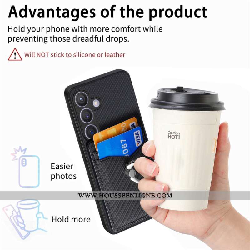 Coque Samsung Galaxy S25 5G Fibre Carbone Porte-cartes et Anneau-Support