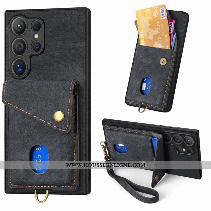 Coque Samsung Galaxy S25 Ultra 5G Effet Daim avec Porte-Cartes et Support