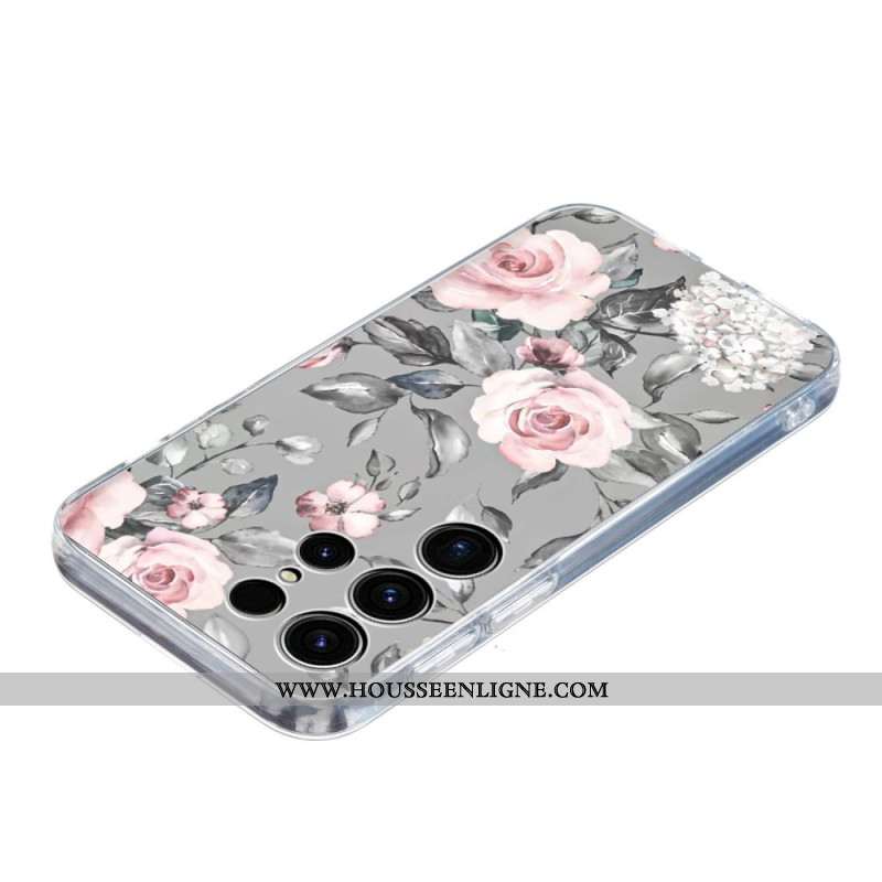 Coque Samsung Galaxy S25 Ultra 5G Motif Floral sur Fond Gris