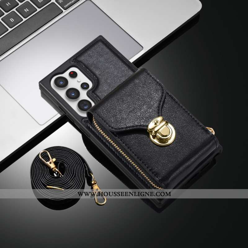 Coque Samsung Galaxy S25 Ultra 5G Portefeuille à Fermeture Éclair et Bandoulière