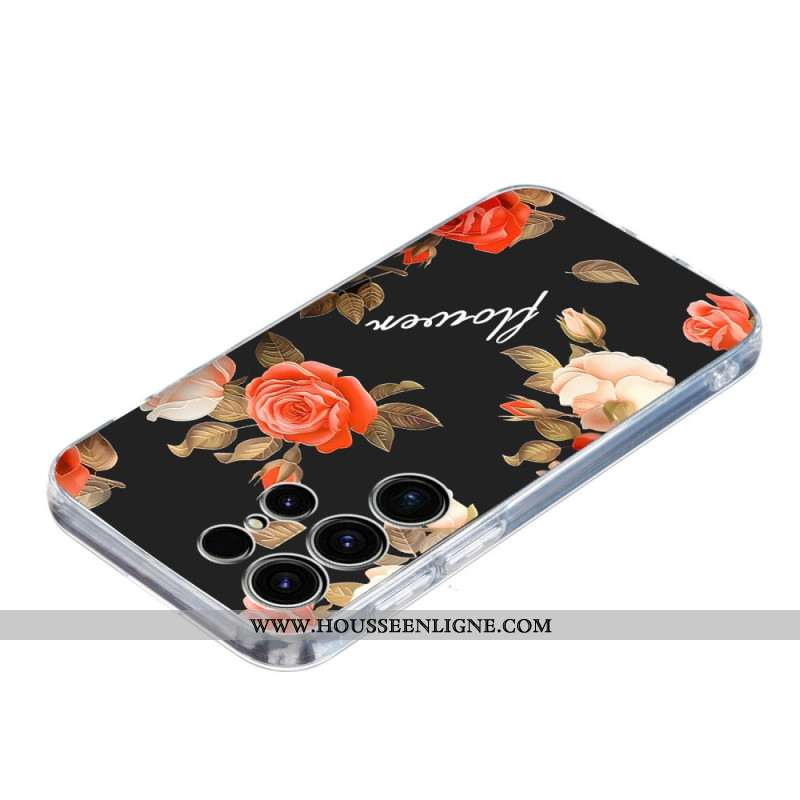 Coque Samsung Galaxy S25 Ultra 6G Motif Floral sur Fond Noir
