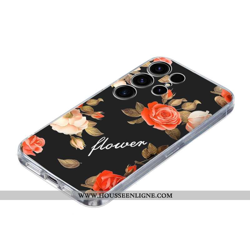Coque Samsung Galaxy S25 Ultra 6G Motif Floral sur Fond Noir