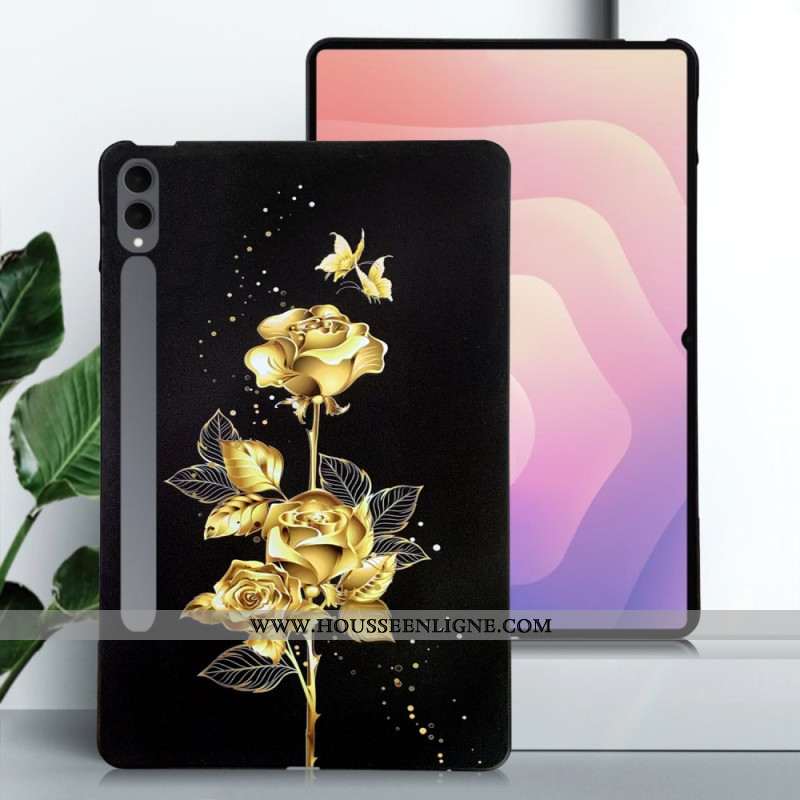 Coque Samsung Galaxy Tab S11 Ultra Papillons et Roses Dorés