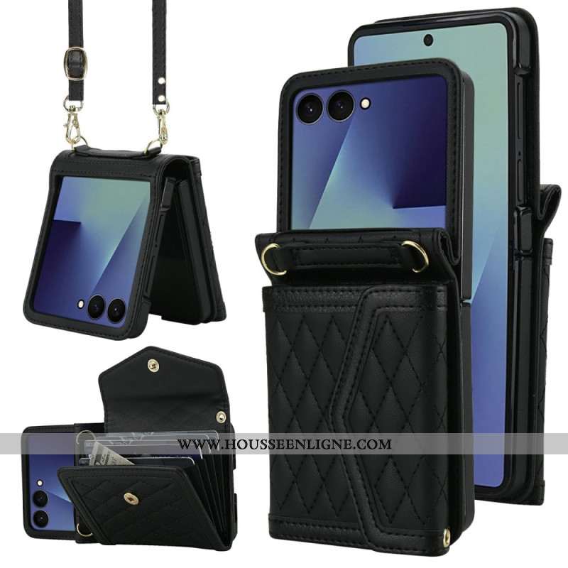 Coque Samsung Galaxy Z Flip 7 5G Porte-Cartes Matelassé et Bandoulière