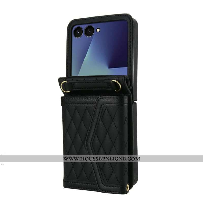 Coque Samsung Galaxy Z Flip 7 5G Porte-Cartes Matelassé et Bandoulière