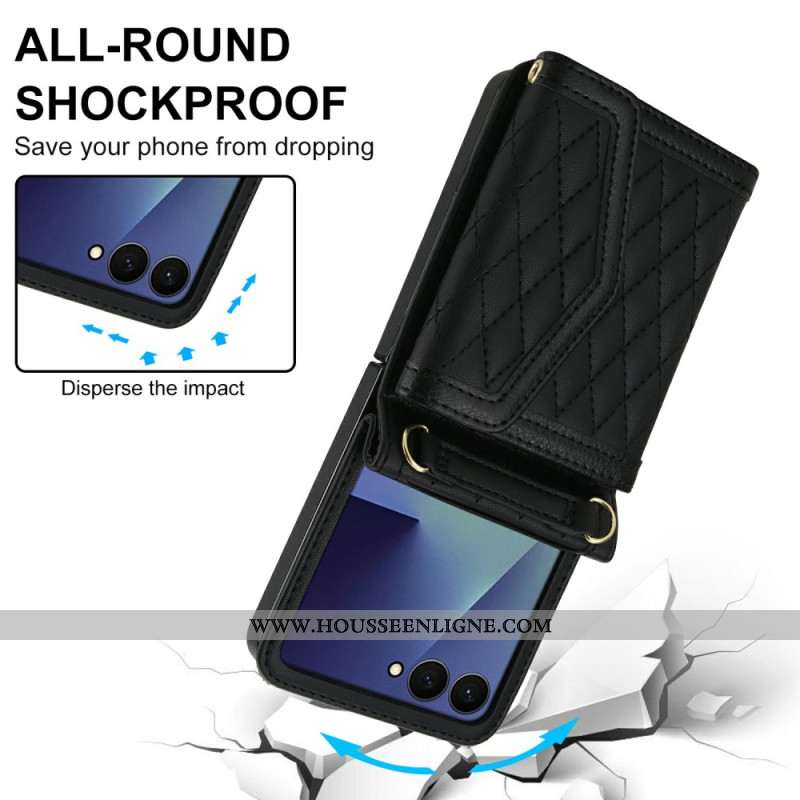 Coque Samsung Galaxy Z Flip 7 5G Porte-Cartes Matelassé et Bandoulière