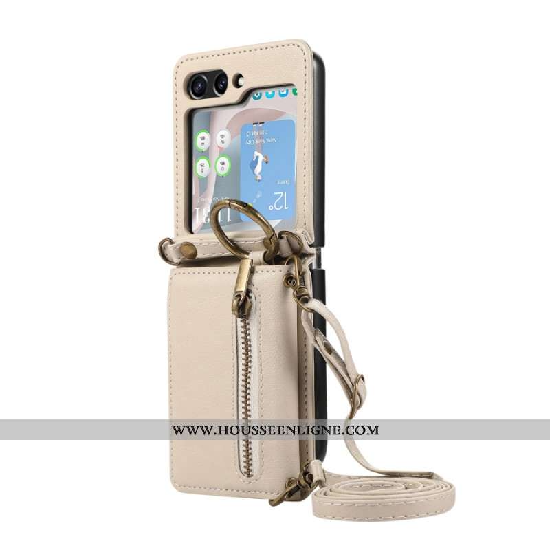 Coque Samsung Galaxy Z Flip 7 FE / Z Flip 6 Portefeuille à Fermeture Éclair et Bandoulière