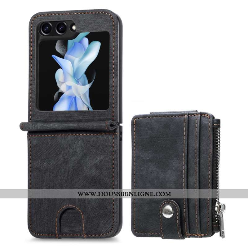 Coque Samsung Galaxy Z Flip 7 FE / Z Flip 6 Support Rétro et Porte-Cartes Zippé