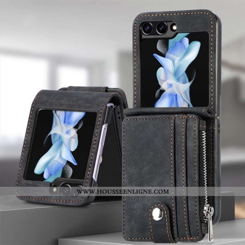 Coque Samsung Galaxy Z Flip 7 FE / Z Flip 6 Support Rétro et Porte-Cartes Zippé