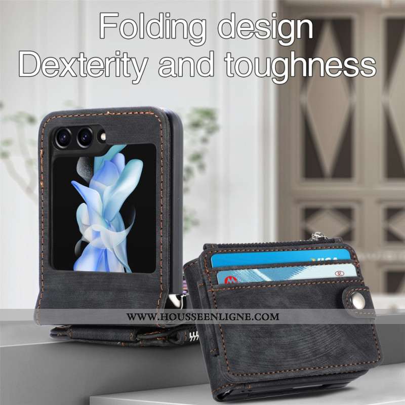 Coque Samsung Galaxy Z Flip 7 FE / Z Flip 6 Support Rétro et Porte-Cartes Zippé
