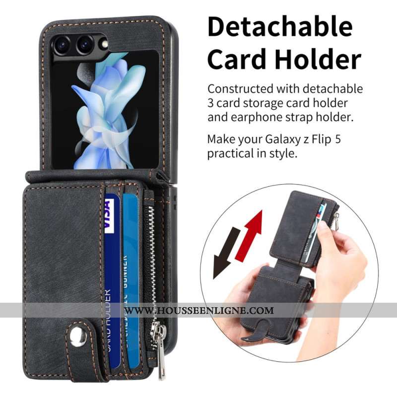 Coque Samsung Galaxy Z Flip 7 FE / Z Flip 6 Support Rétro et Porte-Cartes Zippé