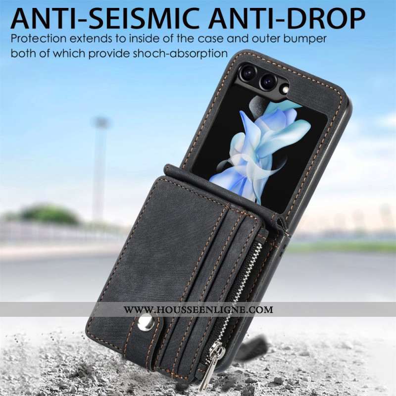 Coque Samsung Galaxy Z Flip 7 FE / Z Flip 6 Support Rétro et Porte-Cartes Zippé
