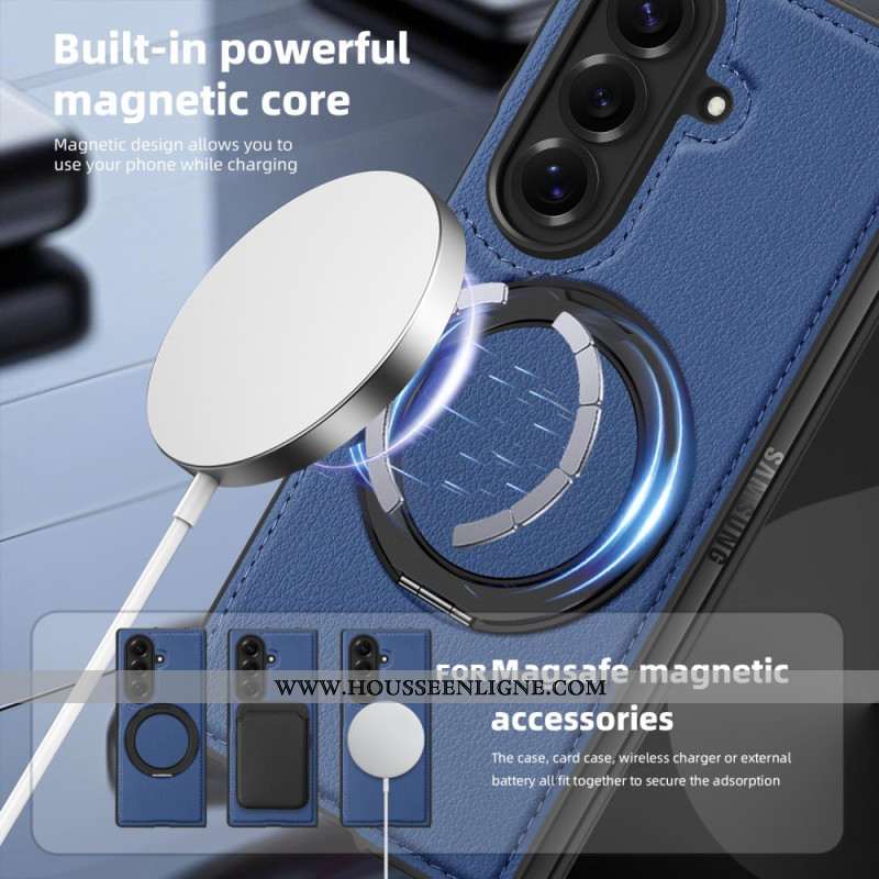 Coque Samsung Galaxy Z Fold 7 Compatible MagSafe Effet Cuir avec Anneau-Support Rotatif à