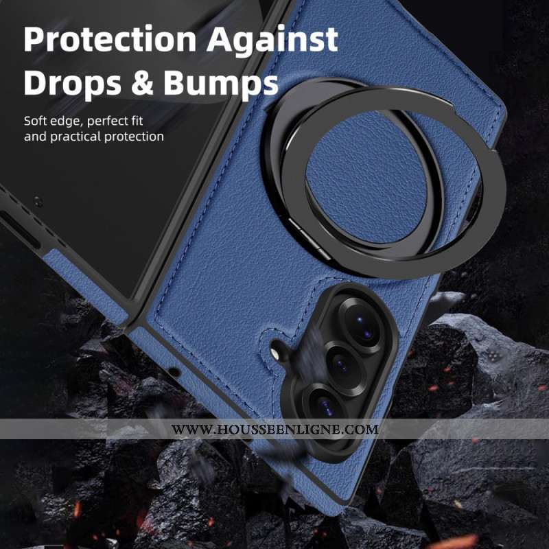 Coque Samsung Galaxy Z Fold 7 Compatible MagSafe Effet Cuir avec Anneau-Support Rotatif à