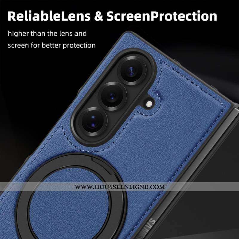 Coque Samsung Galaxy Z Fold 7 Compatible MagSafe Effet Cuir avec Anneau-Support Rotatif à