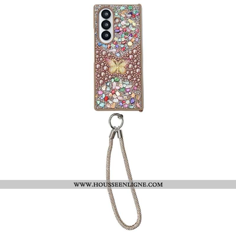Coque Samsung Galaxy Z Fold 7 Papillon Strass avec Lanière