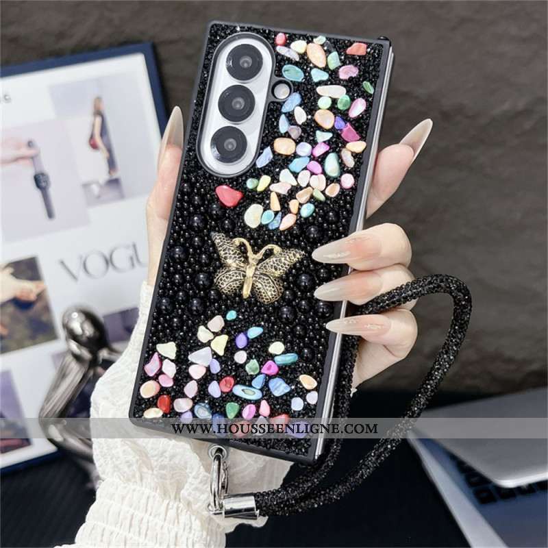 Coque Samsung Galaxy Z Fold 7 Papillon Strass avec Lanière