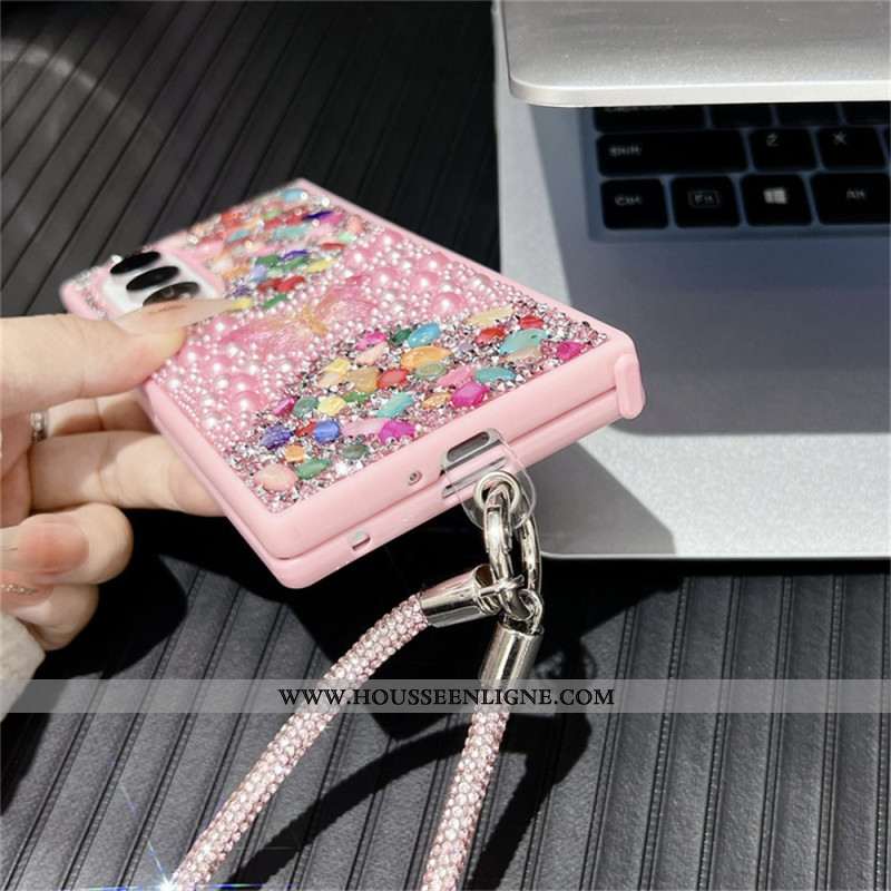 Coque Samsung Galaxy Z Fold 7 Papillon Strass avec Lanière