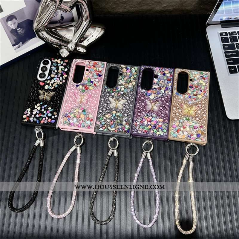 Coque Samsung Galaxy Z Fold 7 Papillon Strass avec Lanière
