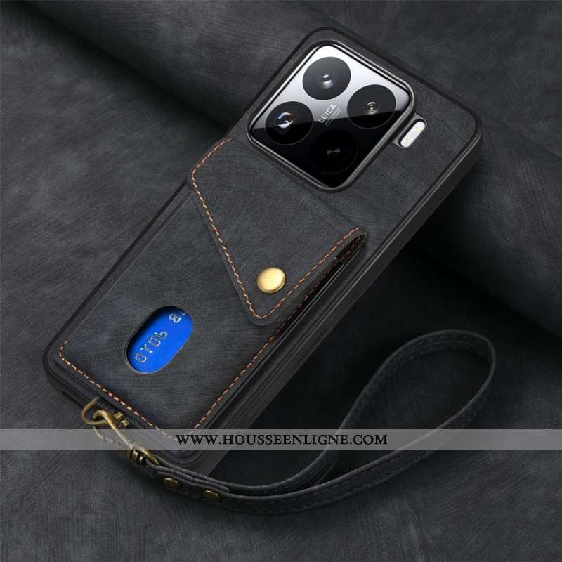 Coque Xiaomi 15 Effet Daim Porte-Cartes et Lanière
