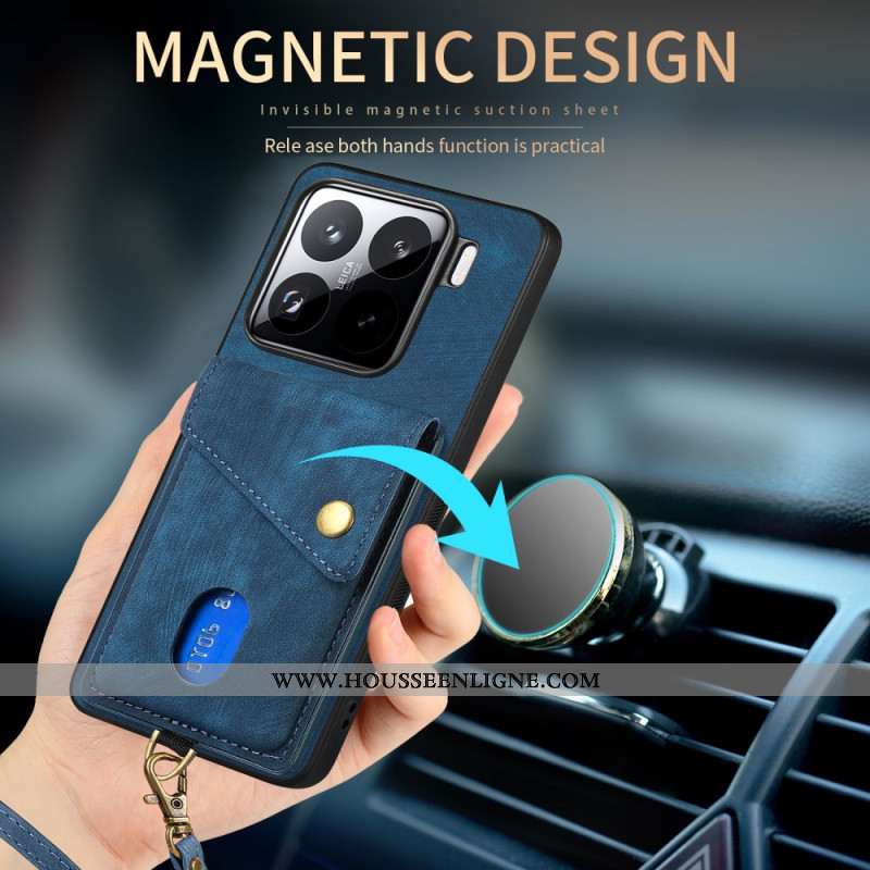 Coque Xiaomi 15 Effet Daim Porte-Cartes et Lanière