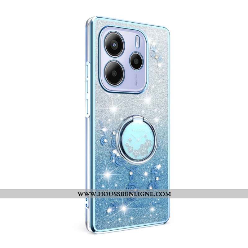 Coque Xiaomi Redmi Note 14 4G Anneau-Support Strass et Fleurs