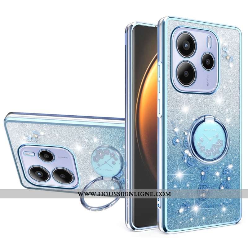 Coque Xiaomi Redmi Note 14 4G Anneau-Support Strass et Fleurs