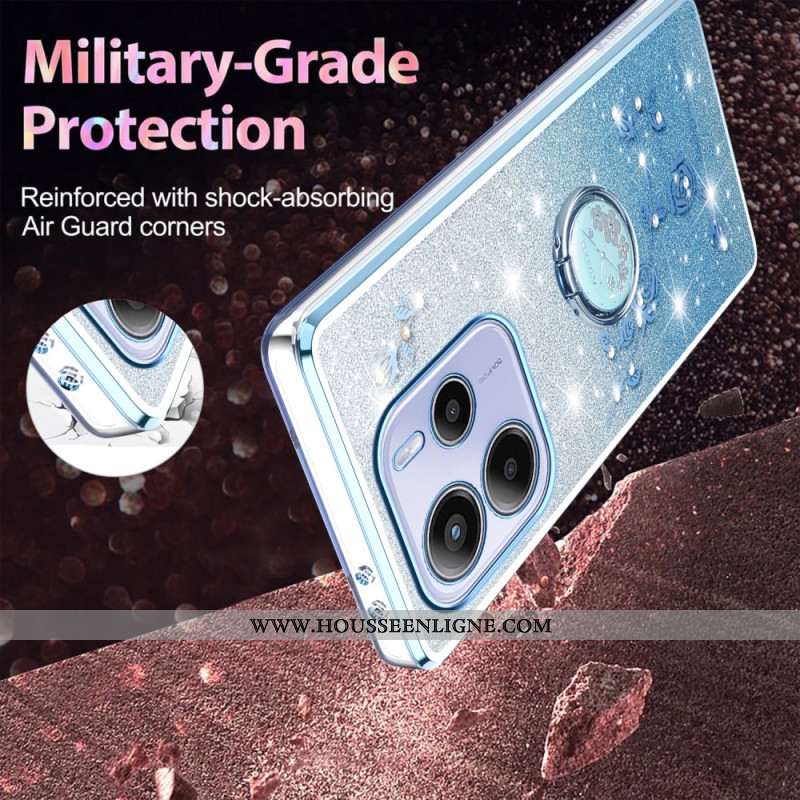 Coque Xiaomi Redmi Note 14 4G Anneau-Support Strass et Fleurs