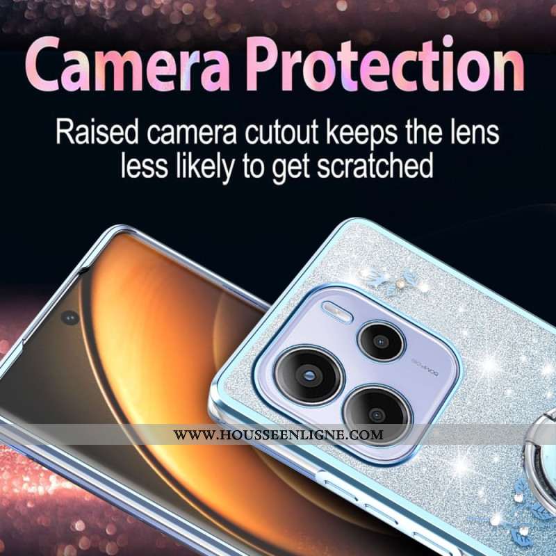 Coque Xiaomi Redmi Note 14 4G Anneau-Support Strass et Fleurs