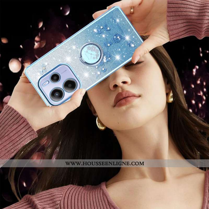 Coque Xiaomi Redmi Note 14 4G Anneau-Support Strass et Fleurs