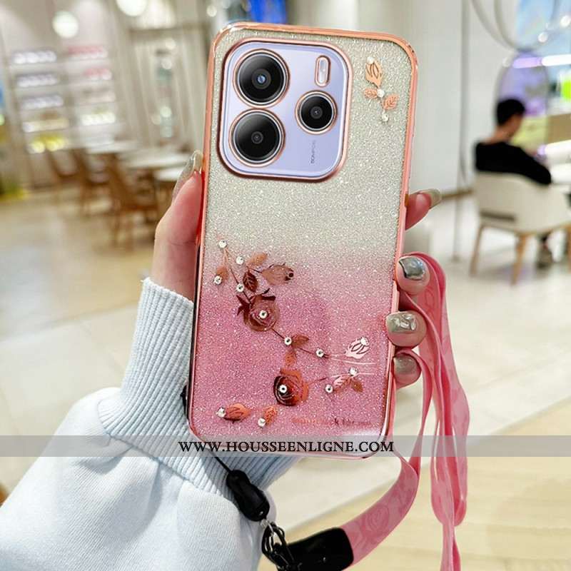 Coque Xiaomi Redmi Note 14 4G Strass et Fleurs à Lanière