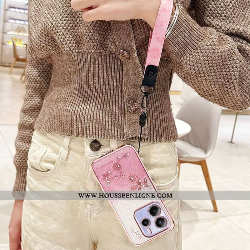 Coque Xiaomi Redmi Note 14 4G Strass et Fleurs à Lanière