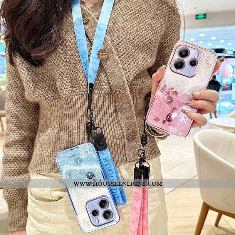 Coque Xiaomi Redmi Note 14 4G Strass et Fleurs à Lanière