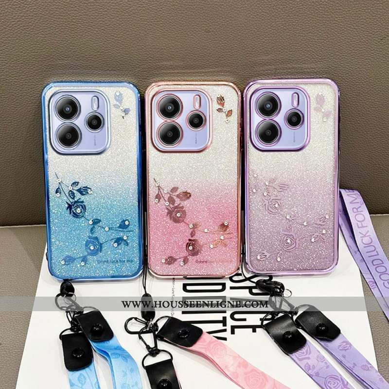 Coque Xiaomi Redmi Note 14 4G Strass et Fleurs à Lanière