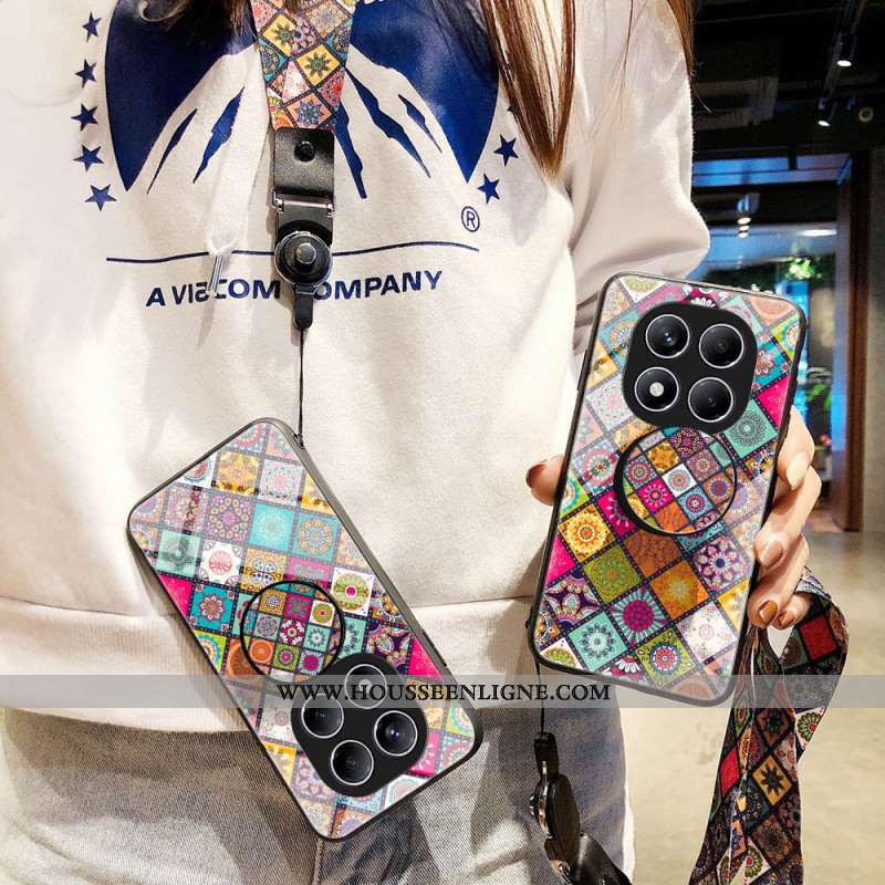 Coque Xiaomi Redmi Note 14 Pro 4G Support et Lanière Motif Patchwork